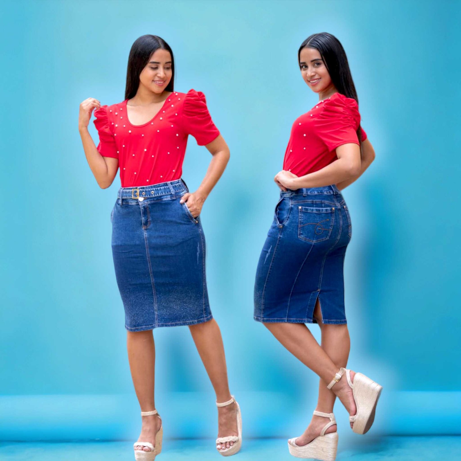 Falda Jean 3/4 degrade con cinturon