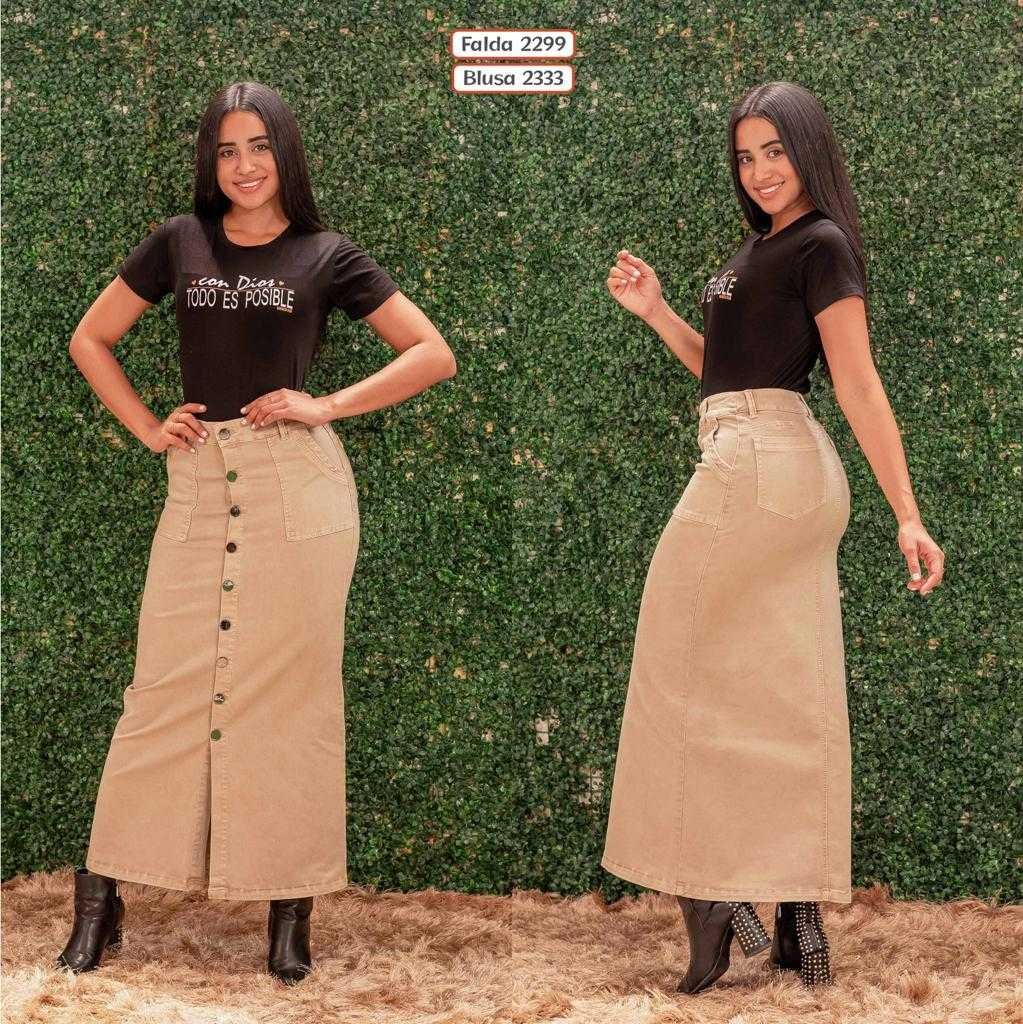 Falda Drill Larga Botones Adelante